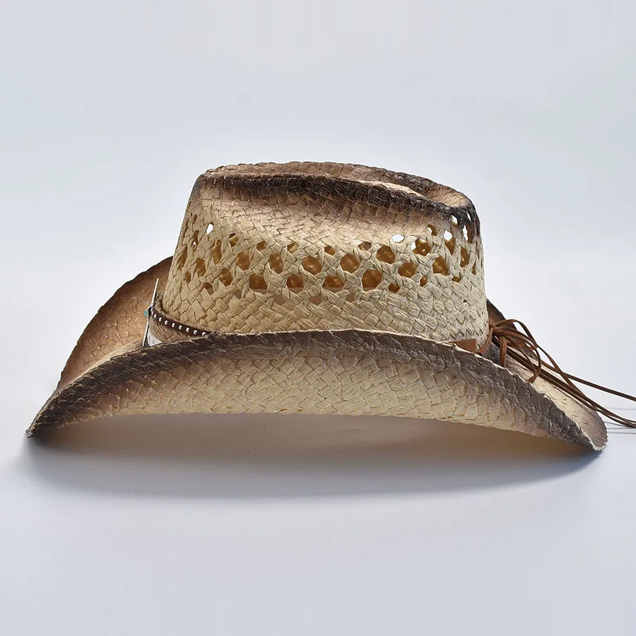 Hand-woven Natural Straw Western Cowboy Hat for Women Men Summer Outdoor Breathable Beach Sun Hats