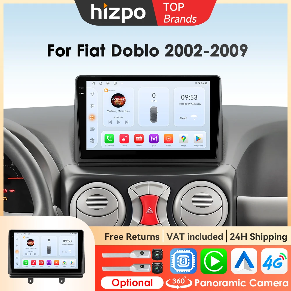 Hizpo Android 14 per Fiat Doblo 2002 - 2009 Autoradio Lettore multimediale 8Core Autoradio Navigazione GPS 360 Unità principale telecamera DSP