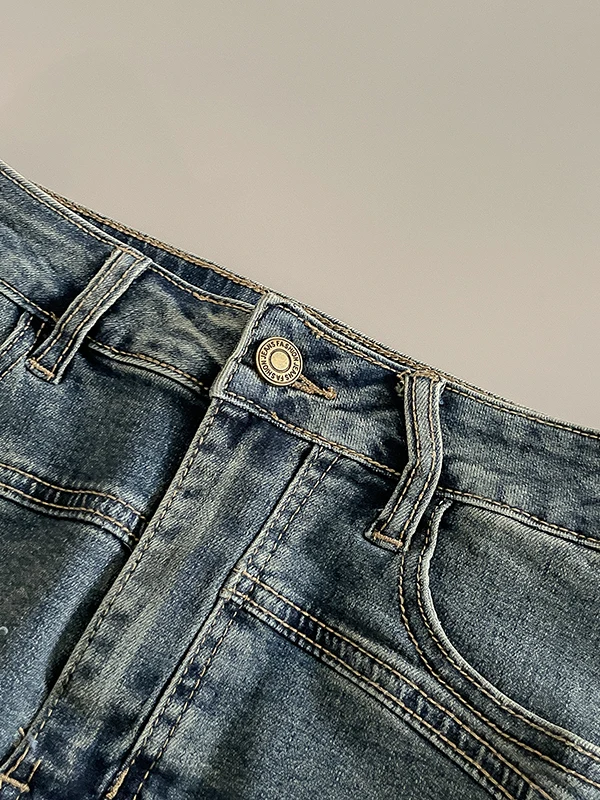 Deep Blue Retro Denim A-Line  Skirt High Waist Women's Faion Commute Sle Cotton Blend ort Skirts for Summer