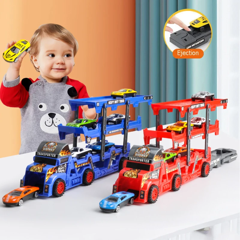 

Toy Car Ejection Folding Truck Container Transporter Trailer Track Racing Playset For Kid Children Gift Model Car