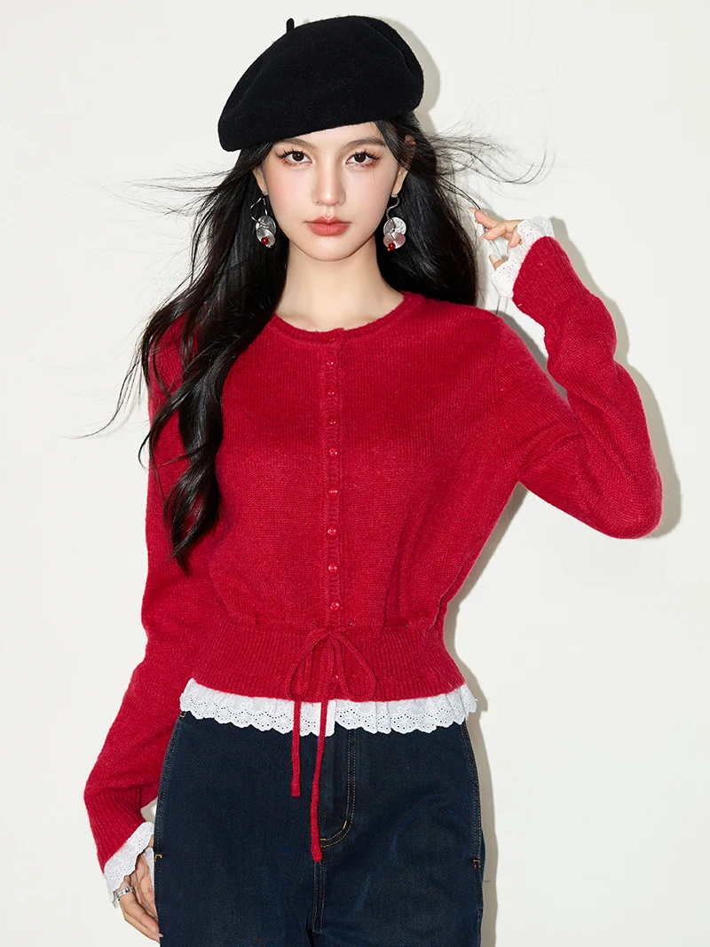 

Round Neck Red Knitted Cardigan Women's Spring Autumn Outerwear awl Coat Long Sve ort Length Button Closure Waist Tie Top