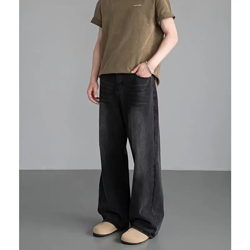 กางเกงยีนส์สีดำผู้ชาย กางเกงขากว้าง กางเกงทรงตรงหลวมสไตล์อเมริกันย้อนยุค