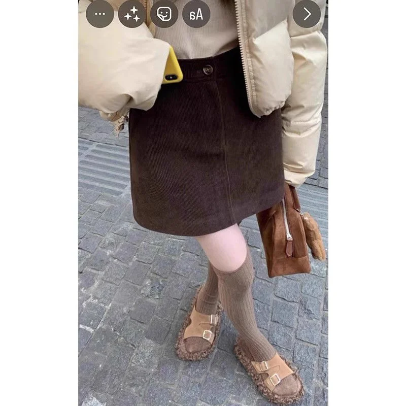 

plus Size 300 Pounds American Retro Corduroy A-Line Skirt Women's Loose Versatile Short Skirt Autumn Winter Casual Pure ...