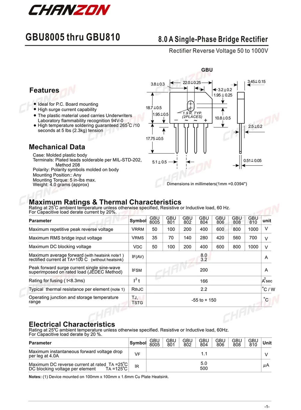 Imagem -02 - Diodo Retificador de Ponte Gbu806 8a 600v Gbu4 Sip-4 Monofásico Onda Completa Amp 600 Volts Gbu 806 Silício 10 Peças