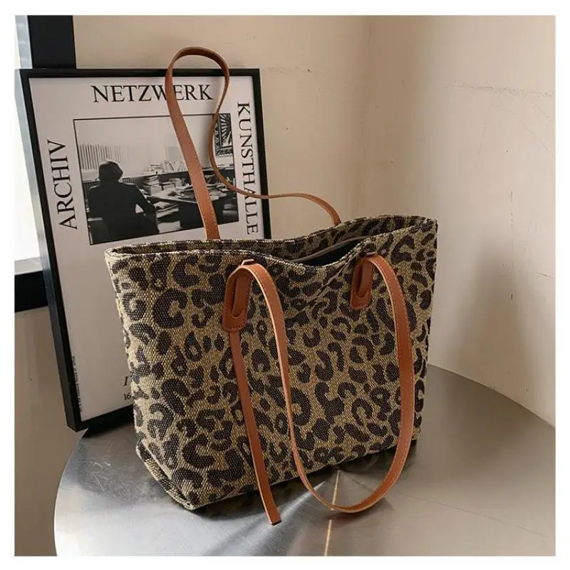 Fashion Leopard Design Ladies Tote Bag 2024 Korean Leisure Cloth Shoulder Bags For Women Handbag Solid Color Corduroy Bag