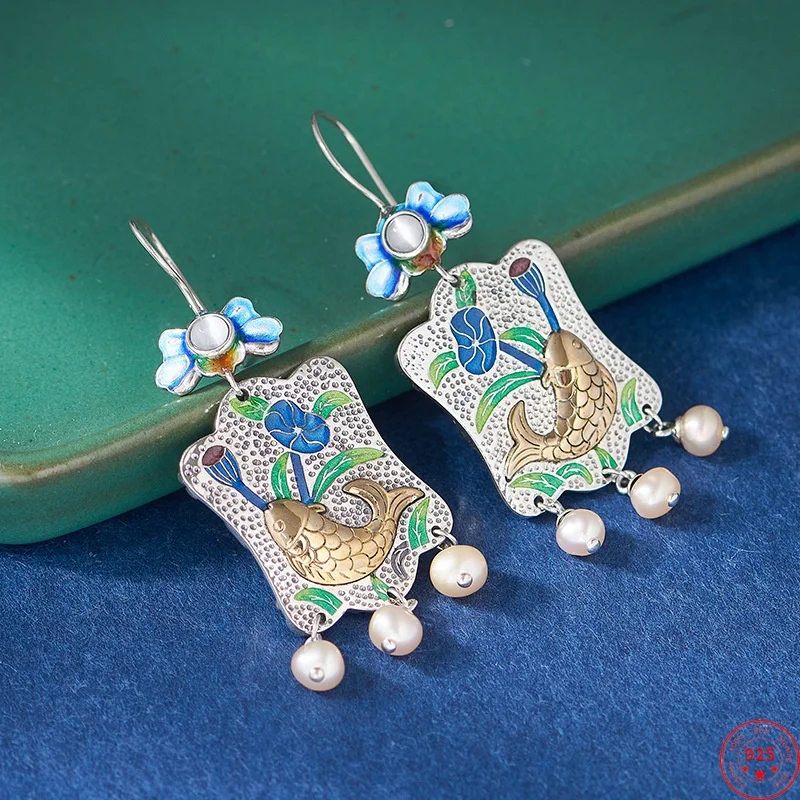 

S925 Sterling Silver Drop Earrings for Women New Fashion Eternal Rattan Cloisonne Fish Lotus Pearl Ear-drops Free Shipping