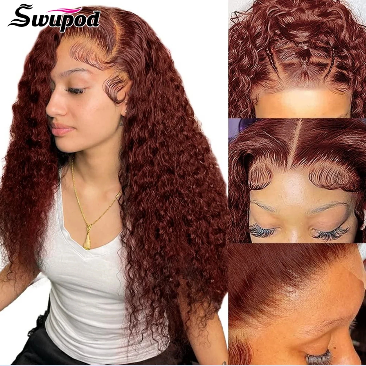 Swupod 13X4 13X6 200 Dichtheid Transparante Hd Lace Pruik Voor Vrouwen Jerry Curly Remy Menselijk Haar 33 # Roodachtig Bruin Lijmloos