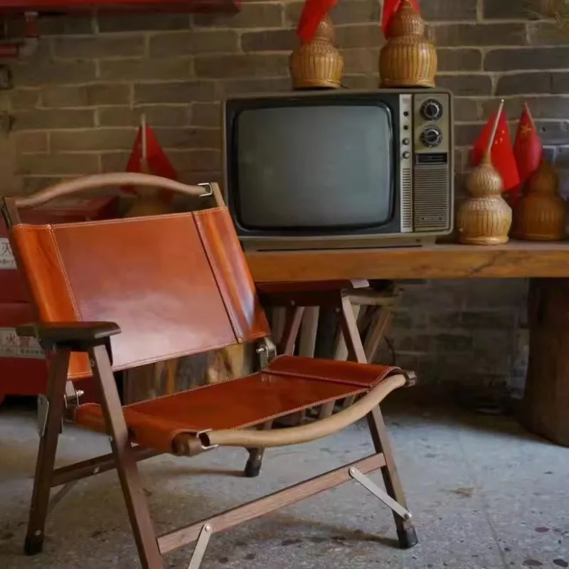 Outdoor camping folding chair first layer cowhide portable beach lie