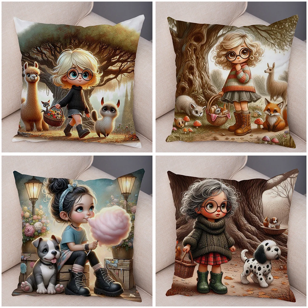 Poszewka na poduszkę Cute Cartoon Forest Girl and Pet Dog z podwójnym nadrukiem na sofę Poszewka na poduszkę 40x40cm Miękka pluszowa poszewka na