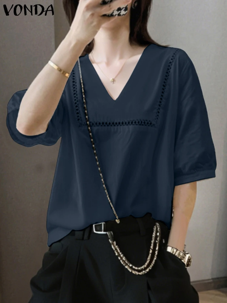 VONDA Damska tunika Modna bluzka 2025 Letnie topy z krótkim rękawem Casual V-Neck Luźne, eleganckie koszule Hollow Out Lace Blusas
