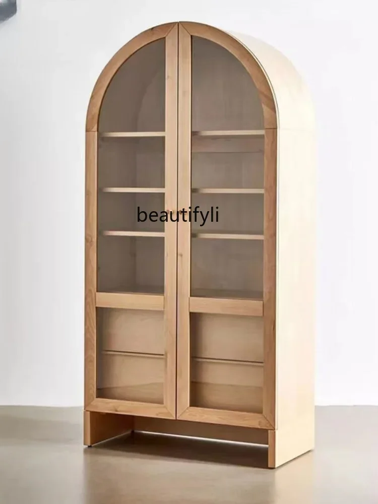 Nordic Modern Minimalist Solid Wood Bookcase French Retro Arched Glass Door Multifunctional Storage Display Cabinet