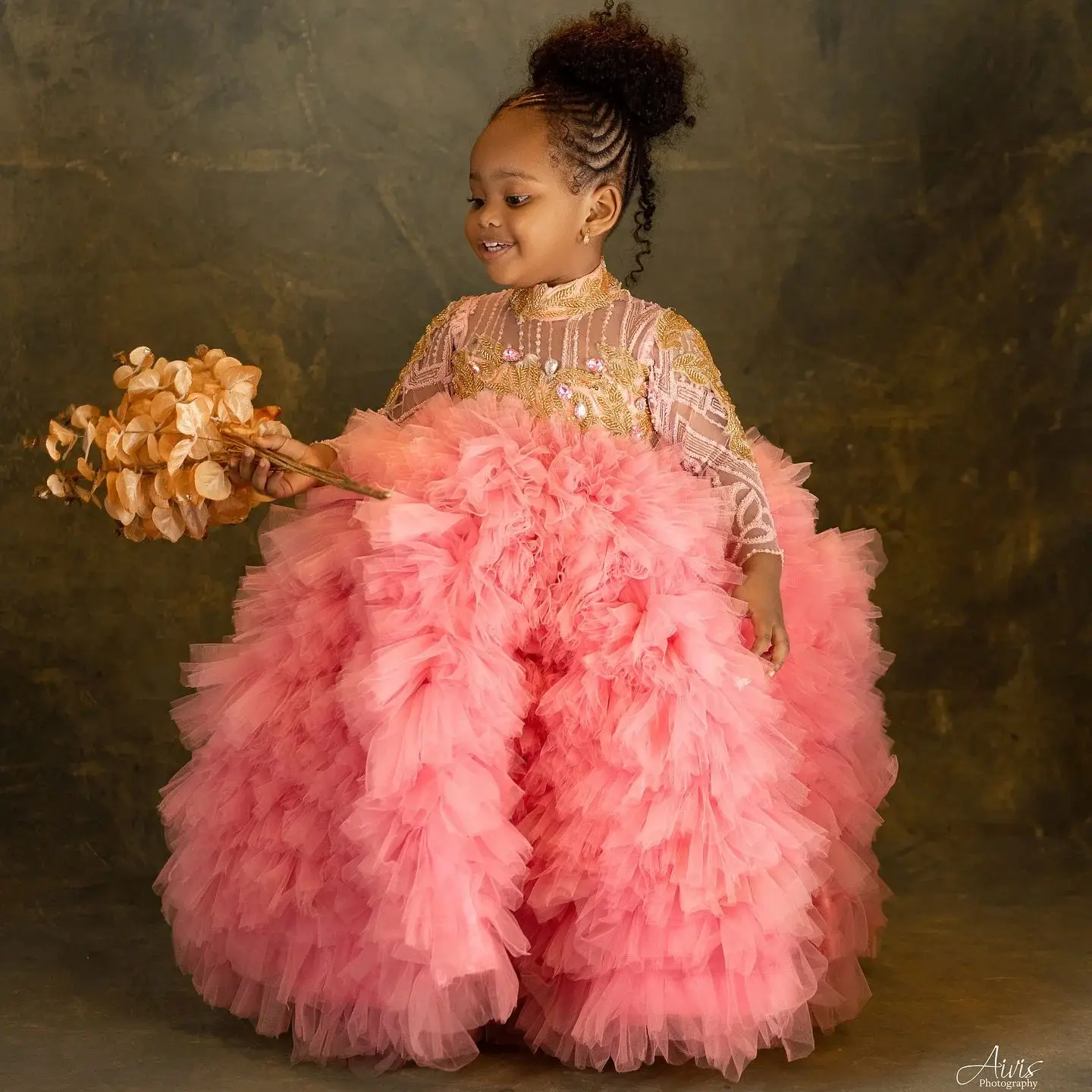 Luxuriöse rosa Kindergeburtstagsparty-Kleider, maßgeschneiderte langärmlige Blumenmädchenkleider für Hochzeit, Baby, Mädchen, Abschlussball, Fotoshooting