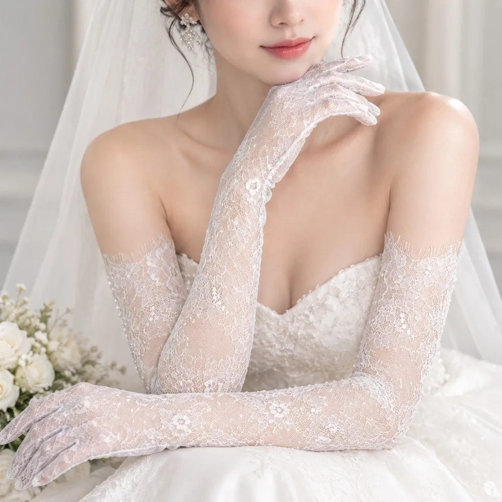 Long Lace Wedding Gloves Elbow Length Floral Sheer Lace Bridal Gloves Soft stretch Tulle Gloves Bride Dinner Party Evening