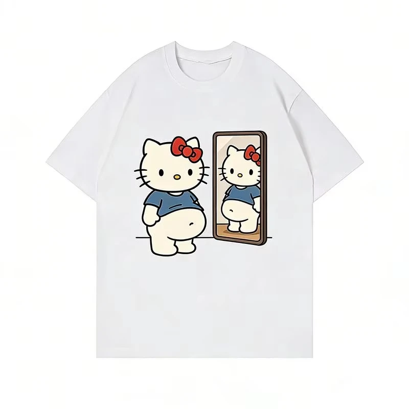 2026 Hello Kitty Mirror Print T-Shirt Women Casual Oversized Tee Y2K Fashion Harajuku Style Short Sleeve Streetwear Clothing