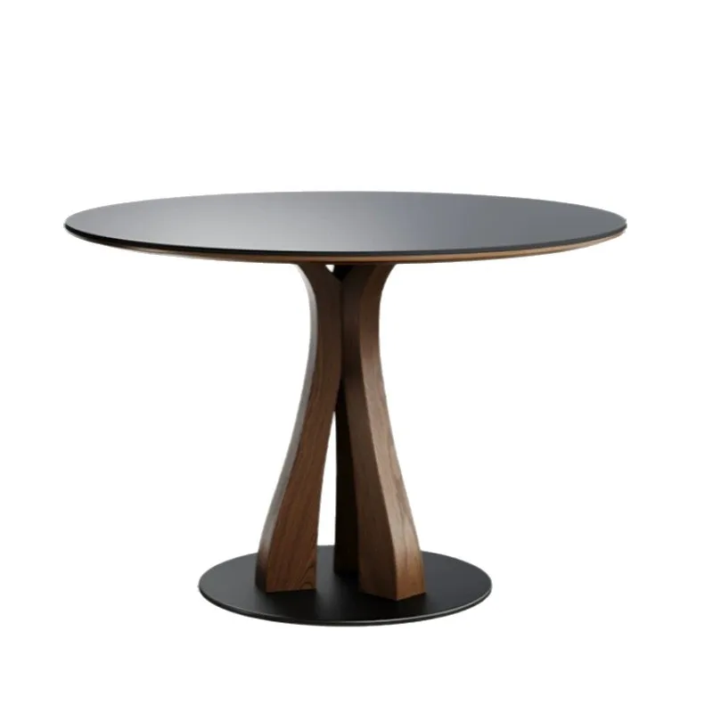 

Medieval solid wood round small apartment French retro rock slab dining table and chair combination black walnut round dining