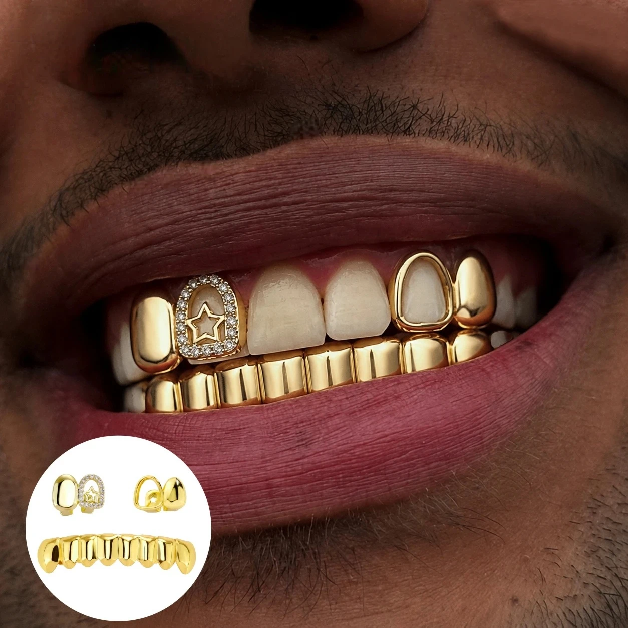 3PC Y2K Gold Plated Copper Star Grillz Set Iced out 8 Tooth Hollow Design for Men & Women Streetwear Jewelry