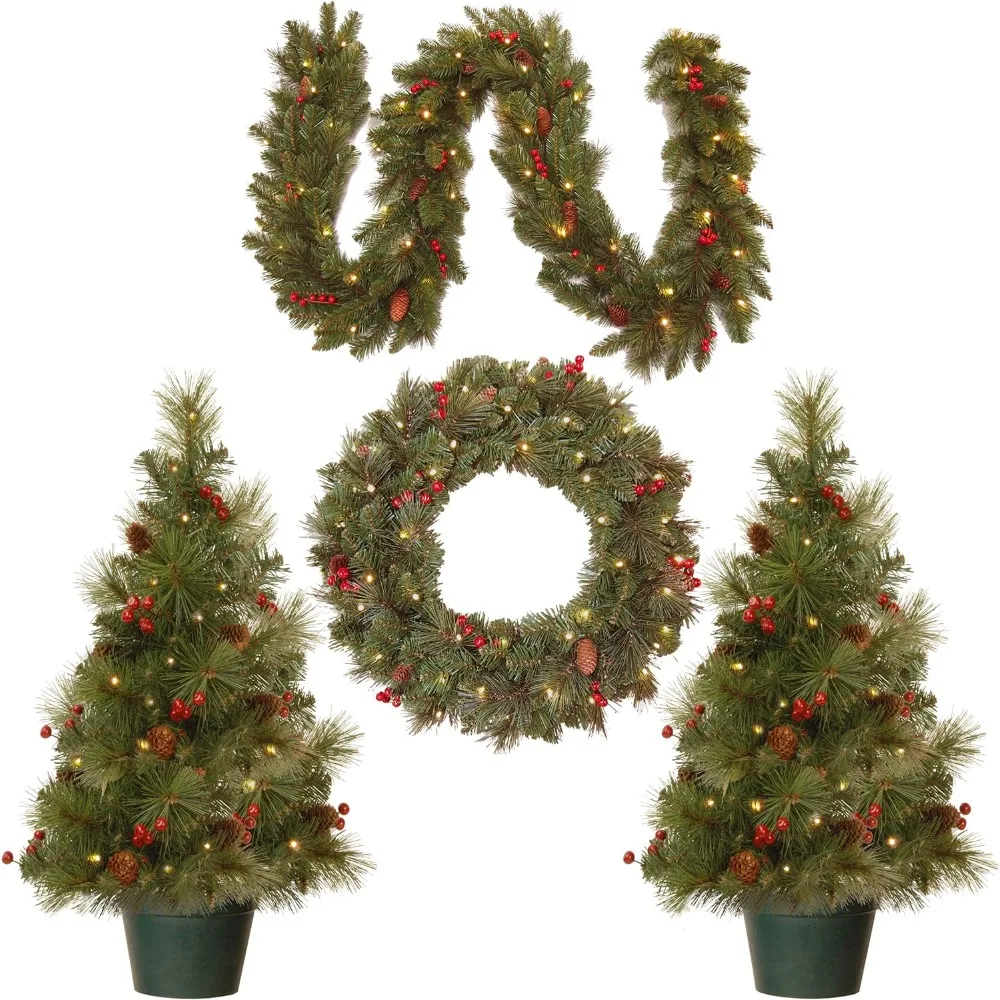 Pre-lit White LED Lights Holiday Christmas 4-Piece Set | Garland, Wreath and Set of 2 Entrance Trees, Green, for Xmas Decoration