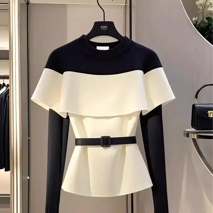 

Korean Fashion Black and White Splicing High End Cape Shawl Women Top Autumn Round Neck Waist Belted Slimming Pullover ZT265