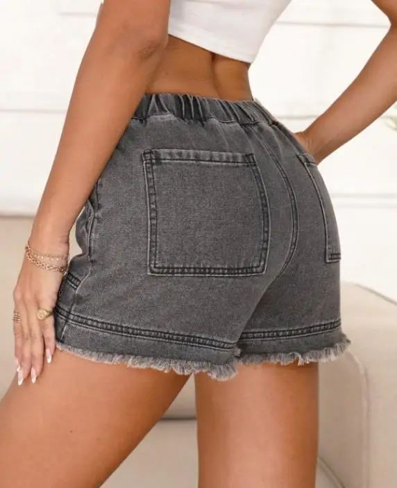

Summer Fashion Casual Versatile Classic Solid Color Distressed Tassel Edge Decoration Lace Up Slim Fit Low Waist Denim Shorts
