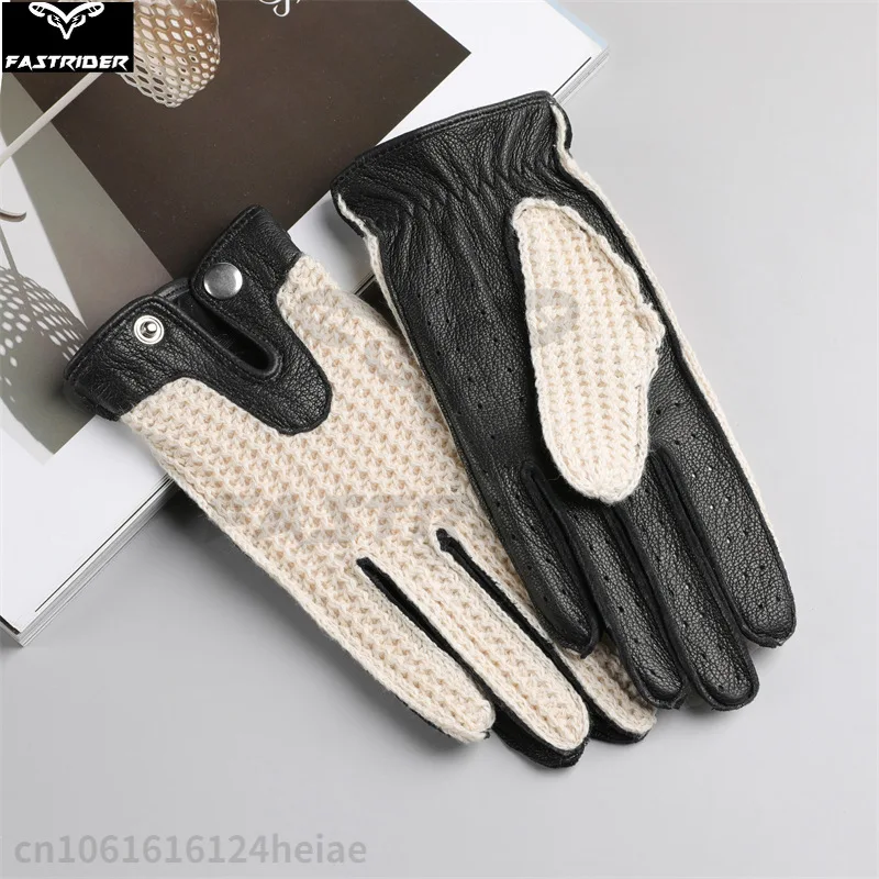 Retro Motorcycle Gloves for Men and Women Genuine Leather Knitted Mesh Touchscreen Breathable Leather Gloves for Drivers