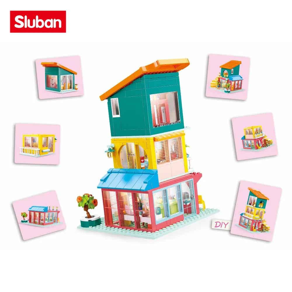 Sluban-bloques de construcción para niñas, juguetes de bloques de construcción, serie rosa de ensueño, B1090, coloridos, casa apilada, 571 piezas, piezas compatibles con marcas líderes