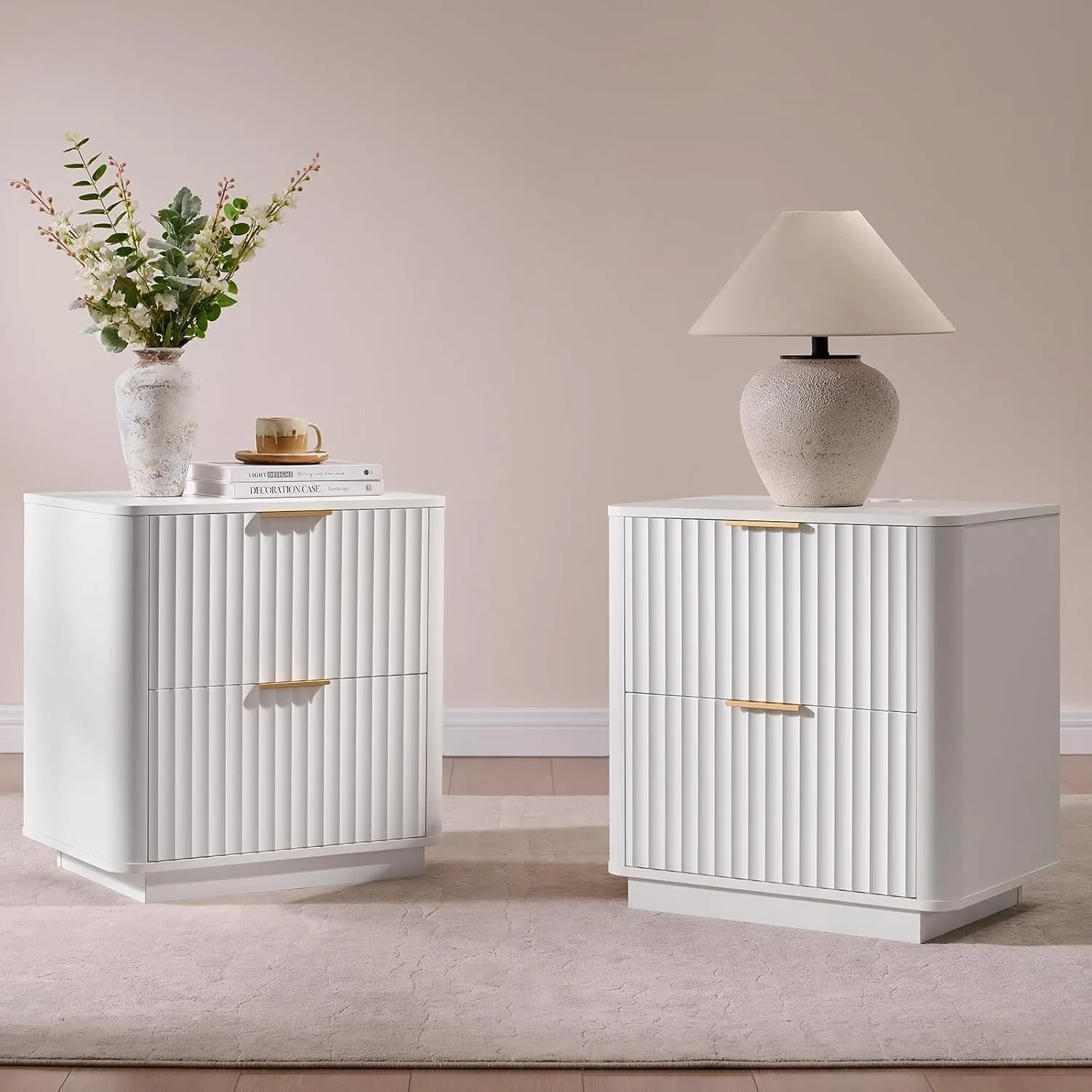 2PCS 23Inch Wide Mid Century Modern Fluted Wood Nightstands With Charging Station Bedroom Bedside Tables, Customized