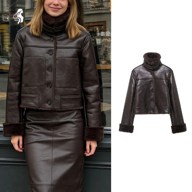 

Womens Short Leather Jacket With High Collar And Fleece Cuffs Autumn And Winter Luxury Retro Commuter Jacket Women Winter Coats
