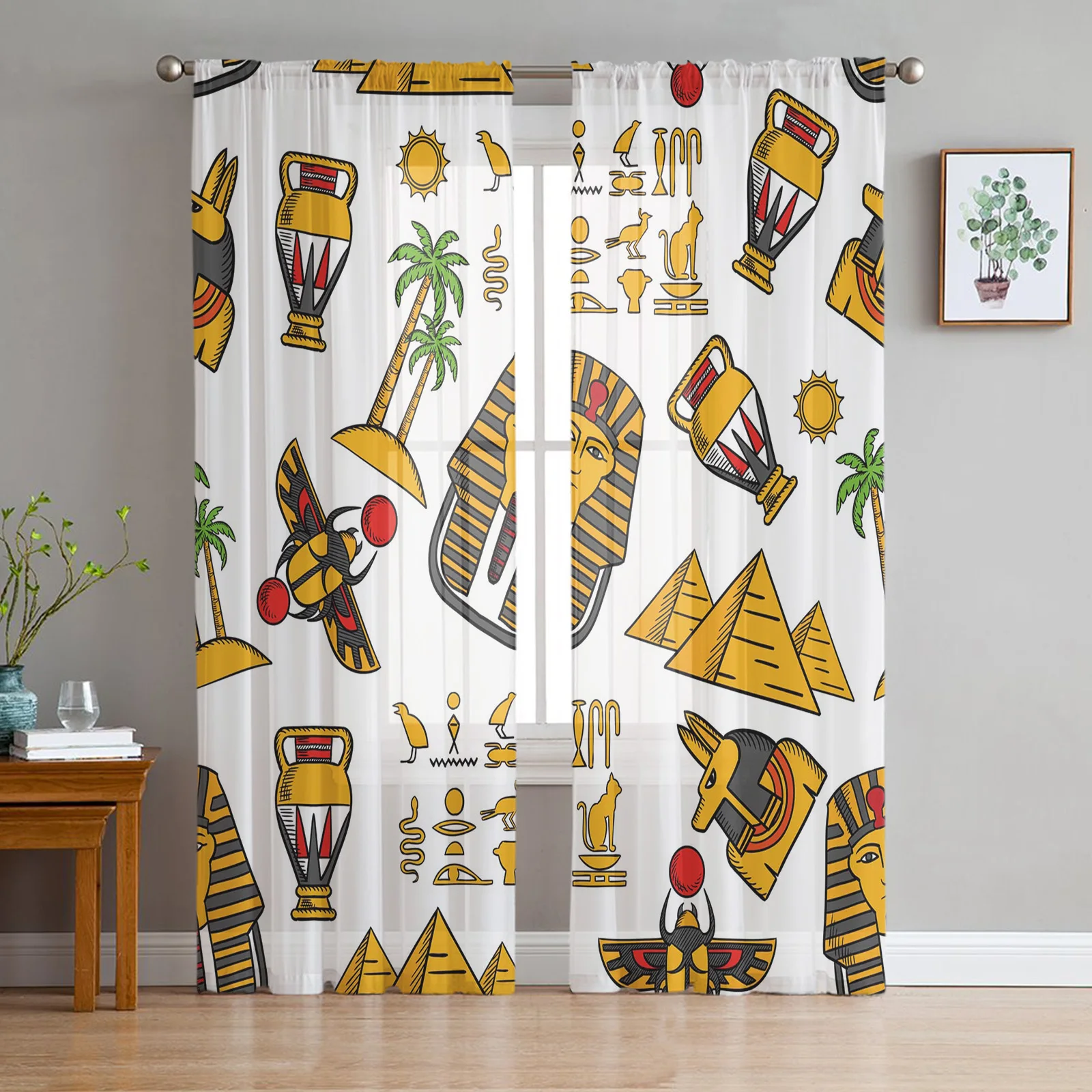 

Ancient Egypt Hieroglyphs Pyramid Print Sheer Curtains for Living Room Translucidus Tulle Curtains Bedroom Home Chiffon Curtain