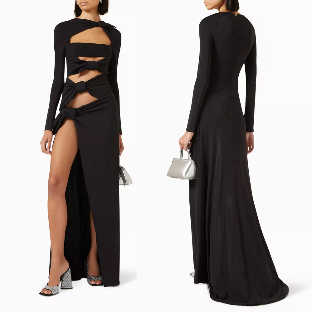 Sexy Hollow Out High Side Split See Through Mesh Long Sleeve Maxi Dress Luxury Brithday Prom Gown Party Club Fashion Dresses