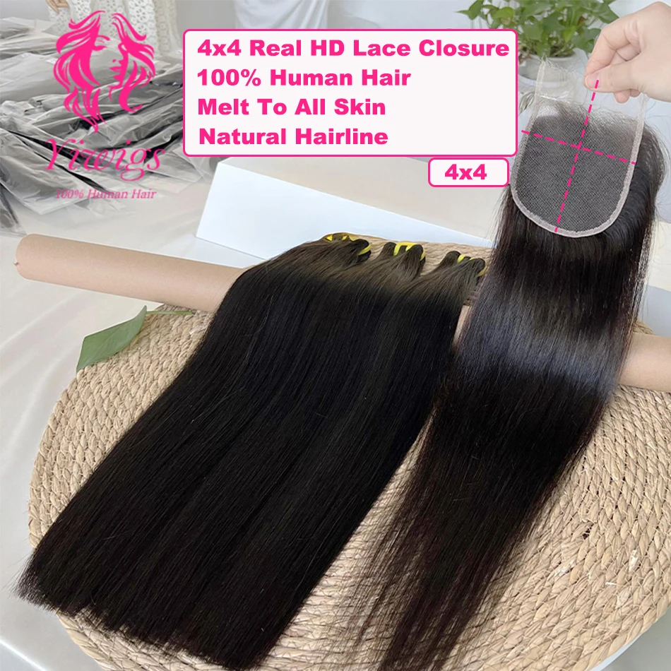 Yiwigs 12A Grade Double Drawn Bone Straight 100% Human Hair Bundles With 4x4 Real HD Lace Closure Hair Weave Extensions Thick