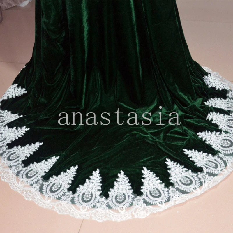 Dark green Velvet wedding coat with a hood lace appliques Bridal Cape Bolero Wrap wedding accessories Halloween Medieval