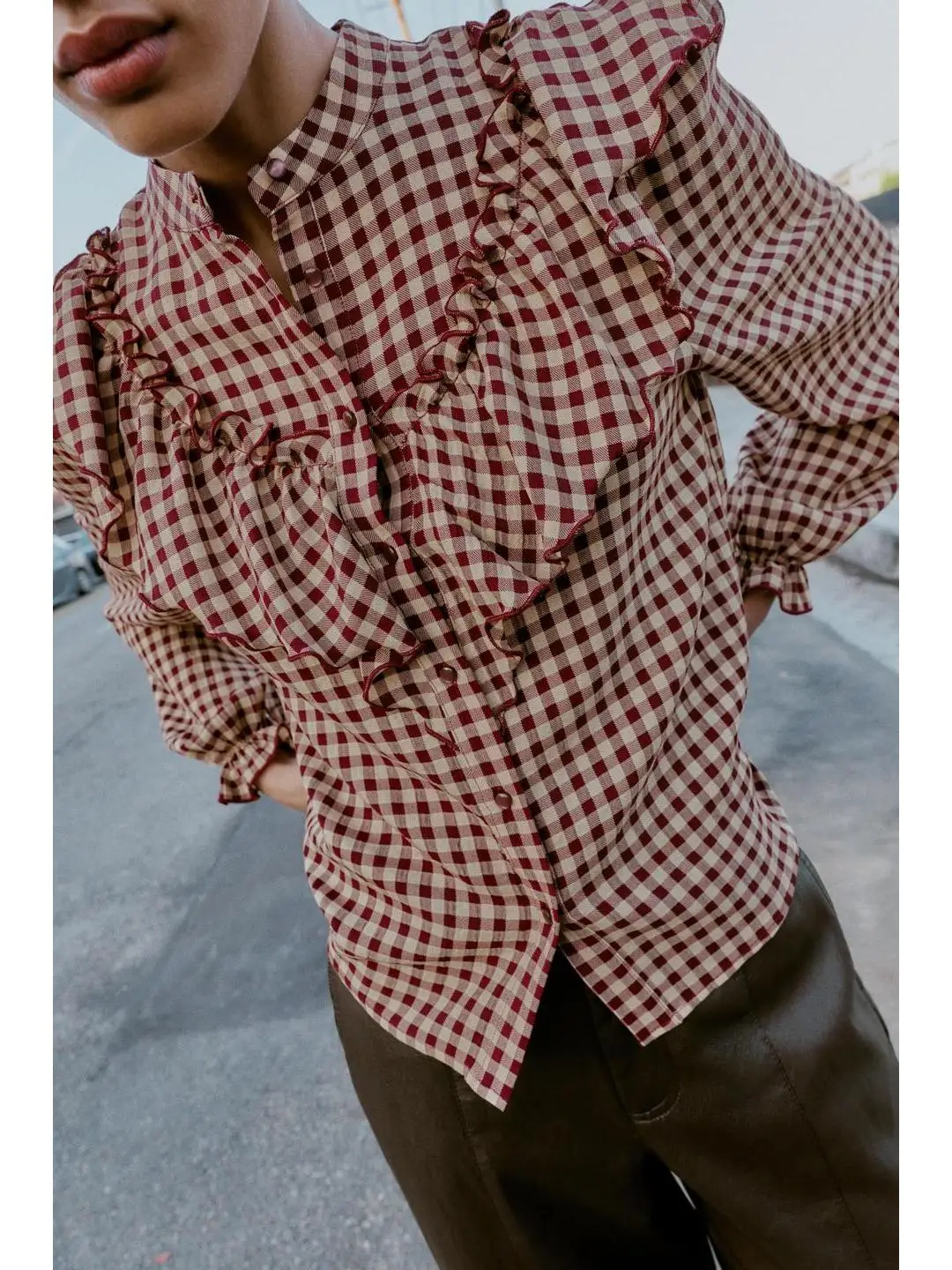 

Sweet Japanese Sle Plaid Long Sve irt with Wood ain Ruffle Autumn Winter Collection Breathable Comfortable Women's B...