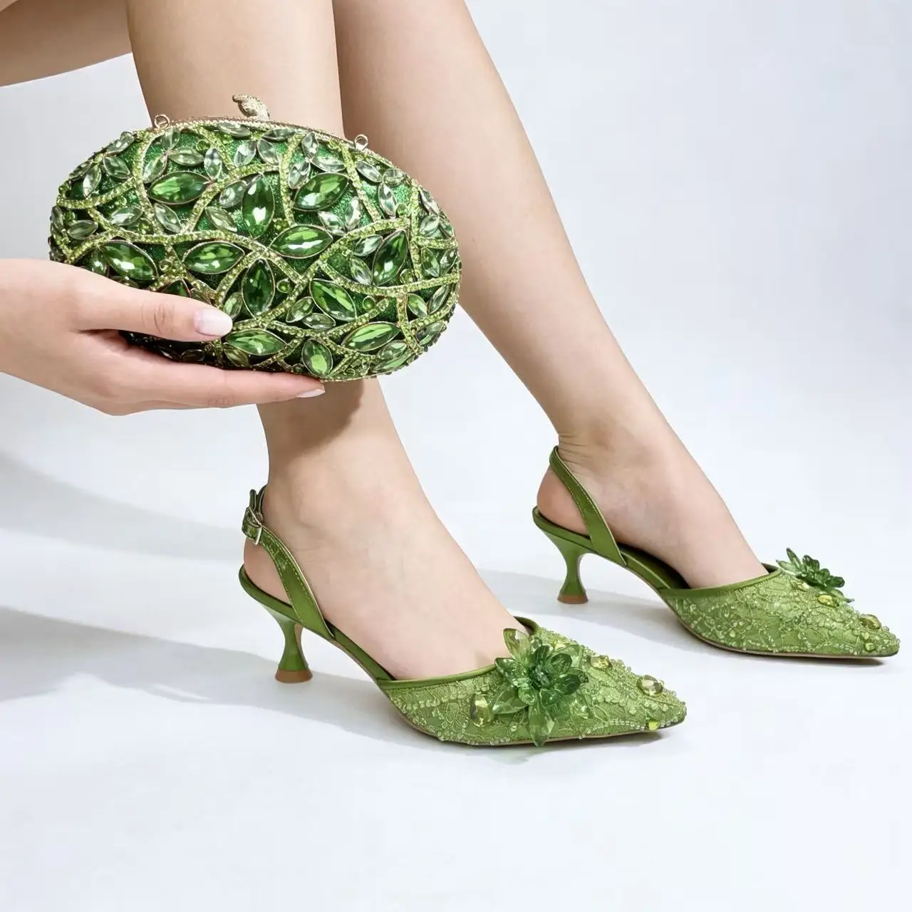 LNATISNOVA High Heels for Lady 2026 Luxury Designer Green Color Full Diamond Pointed Toe Wedding Shoe and Bag Set for Party
