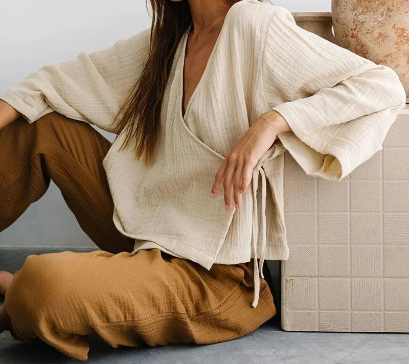 

2025 Pure Cotton Strap Spring and Summer Design Sense One-piece V-neck Lazy Solid Color Top for Women