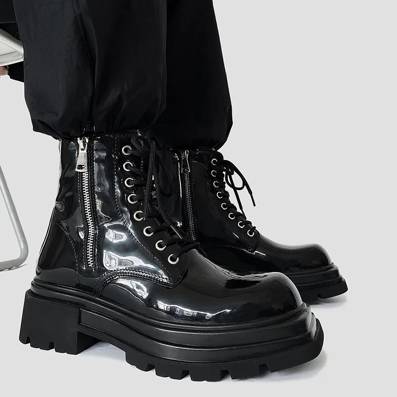 

Мужские повседневные ботинки на платформе с квадратным носком, черные модные лакированные туфли, вечерние банкетные платья, ковбойские ботинки, красивые мотоциклетные ботинки