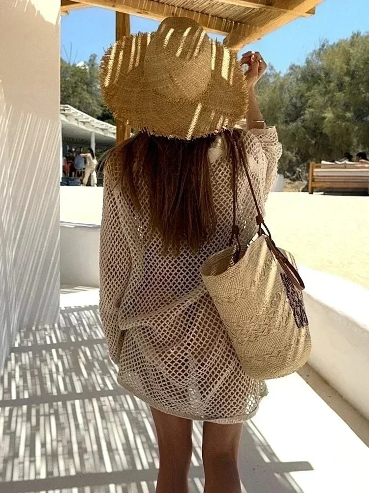 Solid Colour Beach Knit Mini Dress Women's Summer Sexy Hollow Out Long Sleeve Swimsuit Cover Up Boho Holiday Loose Beachwear