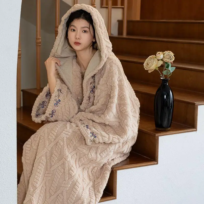 

Women's Robe Hooded Embroidered V-Neck Coral Fleece Winter Keep Warm Thick Plush Long Bathrobe Loungewear Home Clothes Sleepwear
