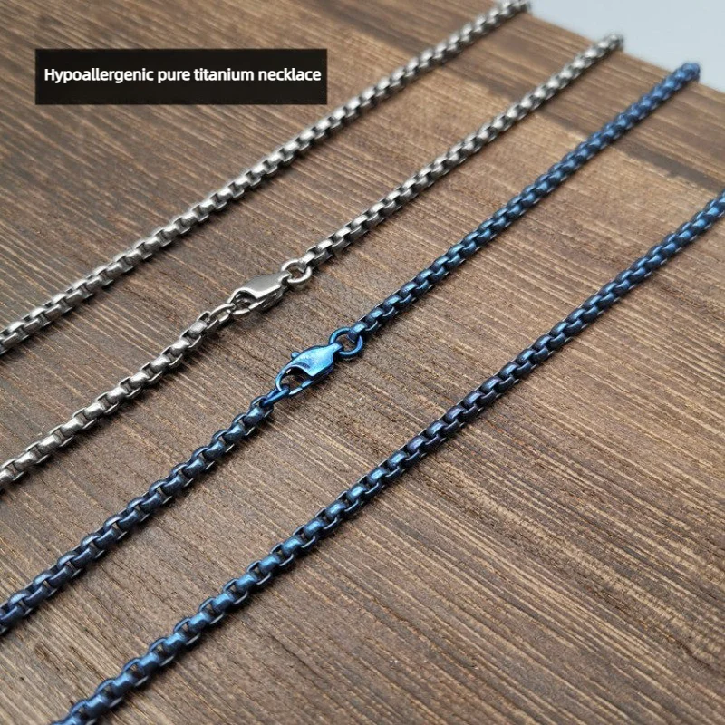 New Fashion Pure Titanium Rollo Box Necklace Anti Allergy Unisex Couple Trendy Burning Blue Titanium Square Bead Neck Chain 3mm