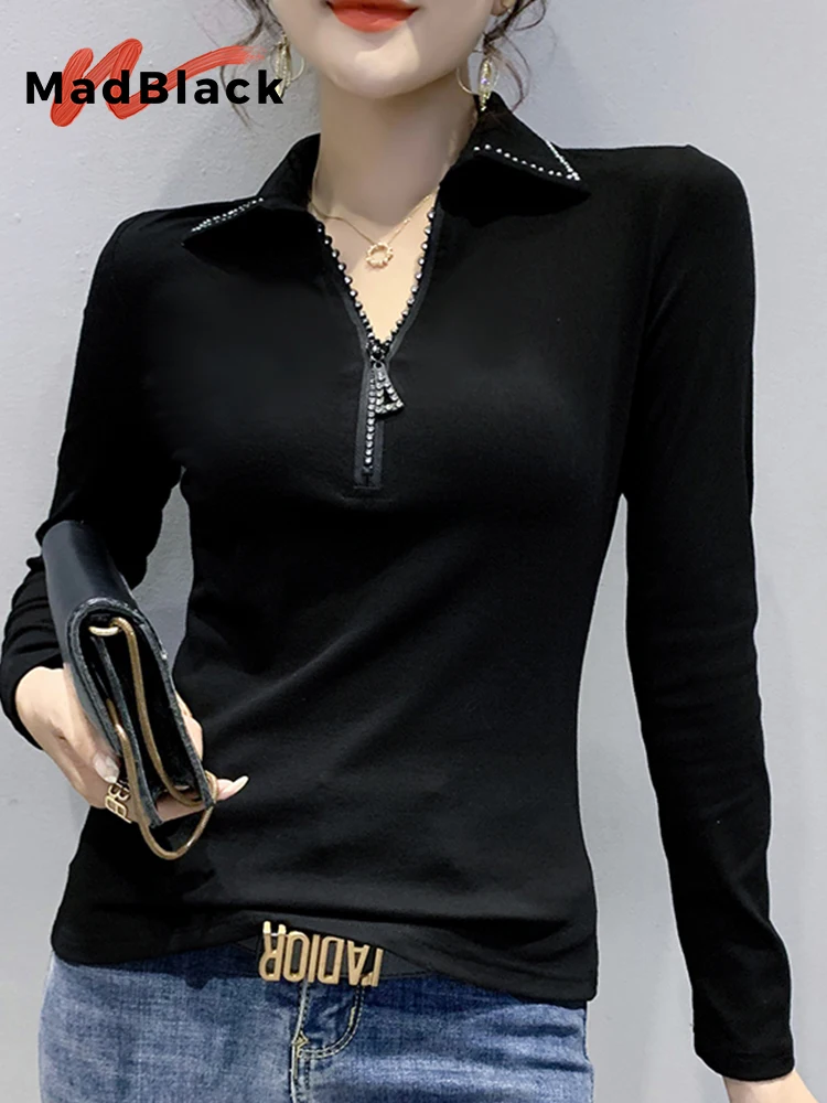 MadBlack Fall Spring European Clothes Cotton T-Shirt Sexy Turn-down Collar Diamonds Zipper Women Tops Lady Casual Tees T31714X