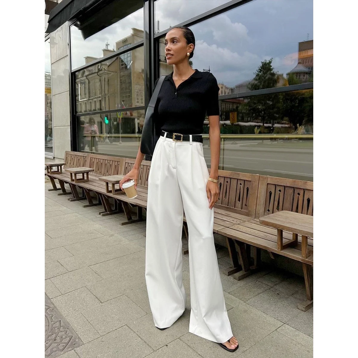 

Элегантные женские брюки с высокой талией и широкими штанинами, чисто белые, для весны и лета, новый стиль, удобные для повседневной носки, из полиэфирного волокна
