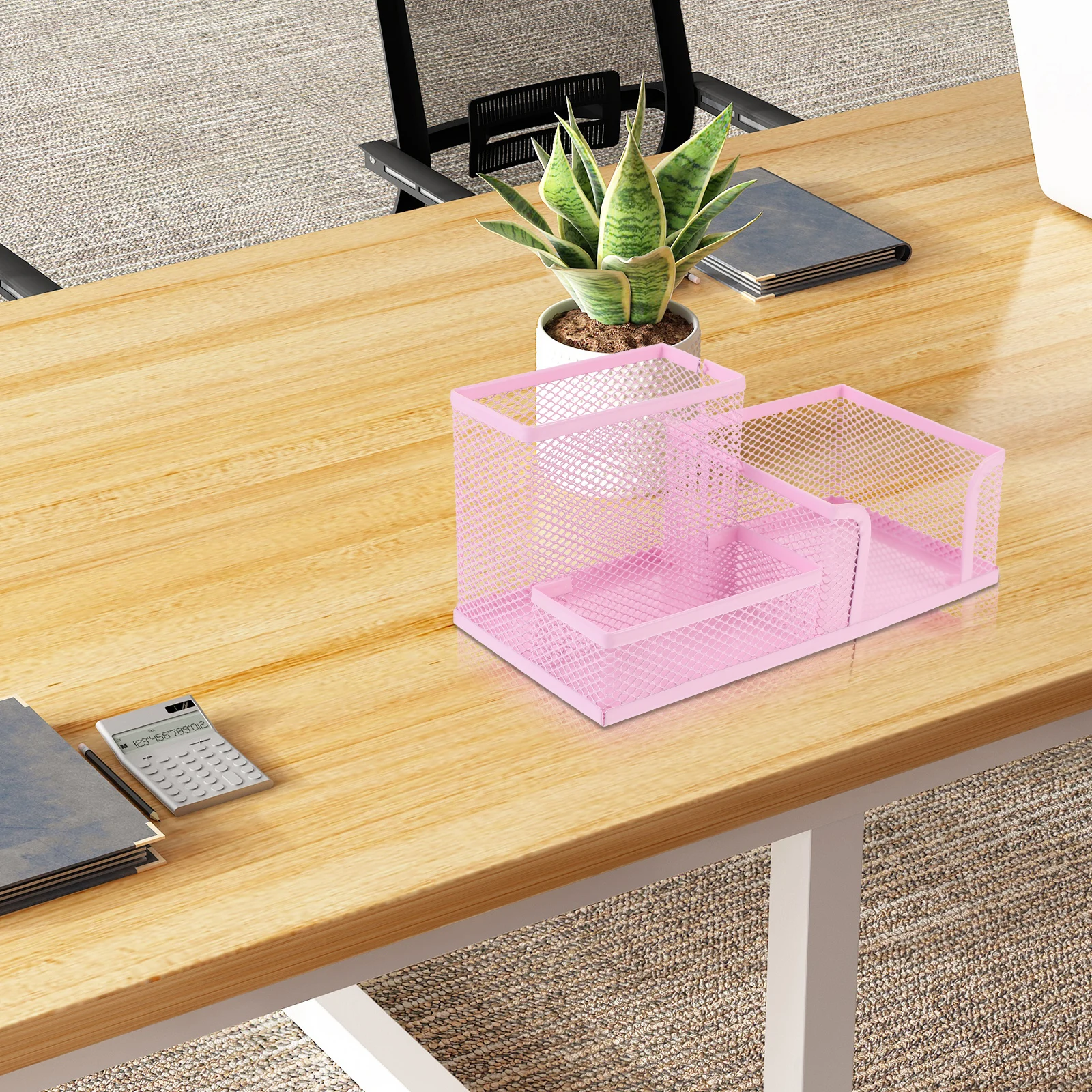 

Metal Pen Holder Desk Organizer 3 Compartments Pink Large Capacity Sturdy Material Protect Hands Rounded Edges Stable Base