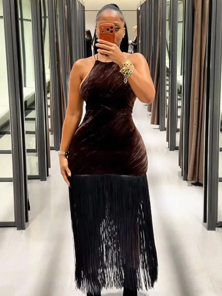 

HH женская летняя без рукавов с бретелькой на шее, сексуальная бархатная юбка с открытой спиной и кисточками, длинная юбка, женское элегантное платье для банкета и вечеринки