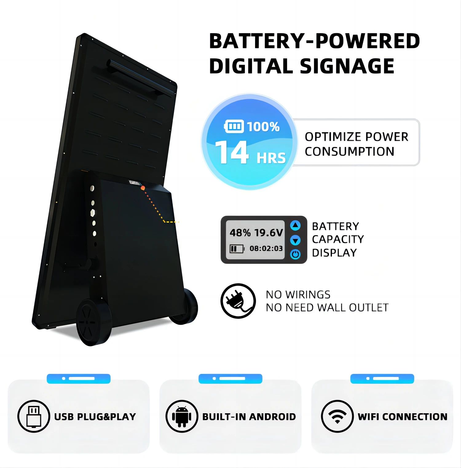 Battery-Powered 43 Inch Portable Digital Poster Display Screen Kiosk for Outdoor Advertising