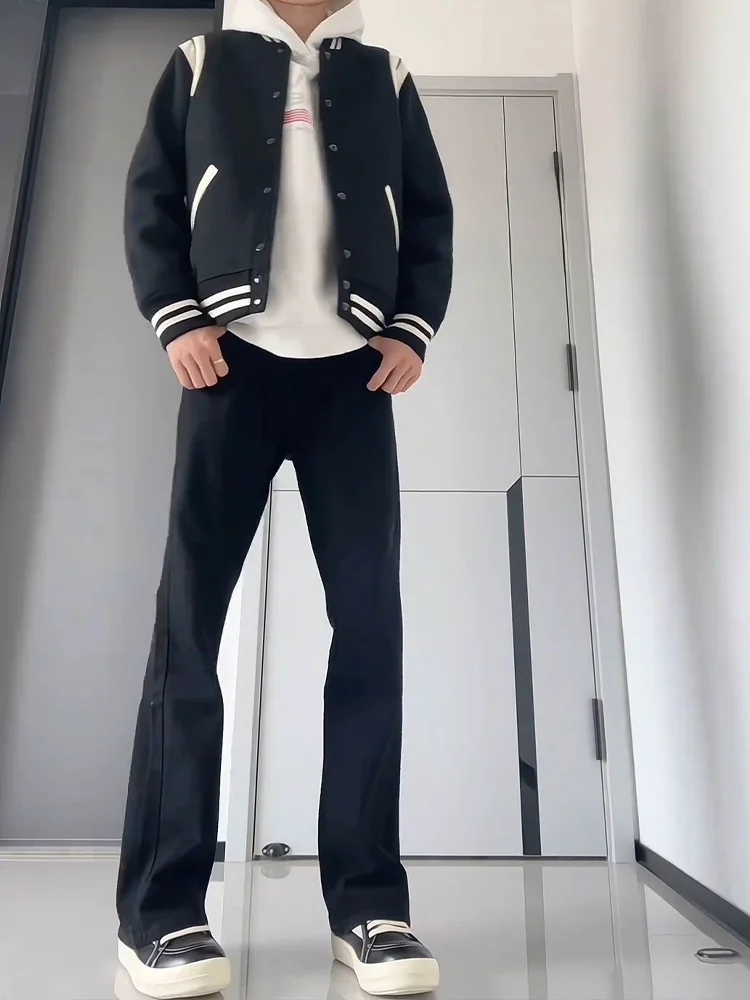 American High Street Vibe Men's Jeans High Waist Lift Bla Denim Straight Elastic Slimming Knife Flared Pants Youth Faion