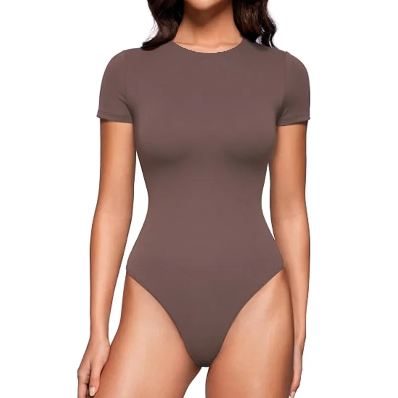 Dimmkof 4-way Stretch Upgrade Fabric T Shirts Basic Tops Soft Stretchy Crewneck Body Suit Summer Casual Work Everyday Bodysuits