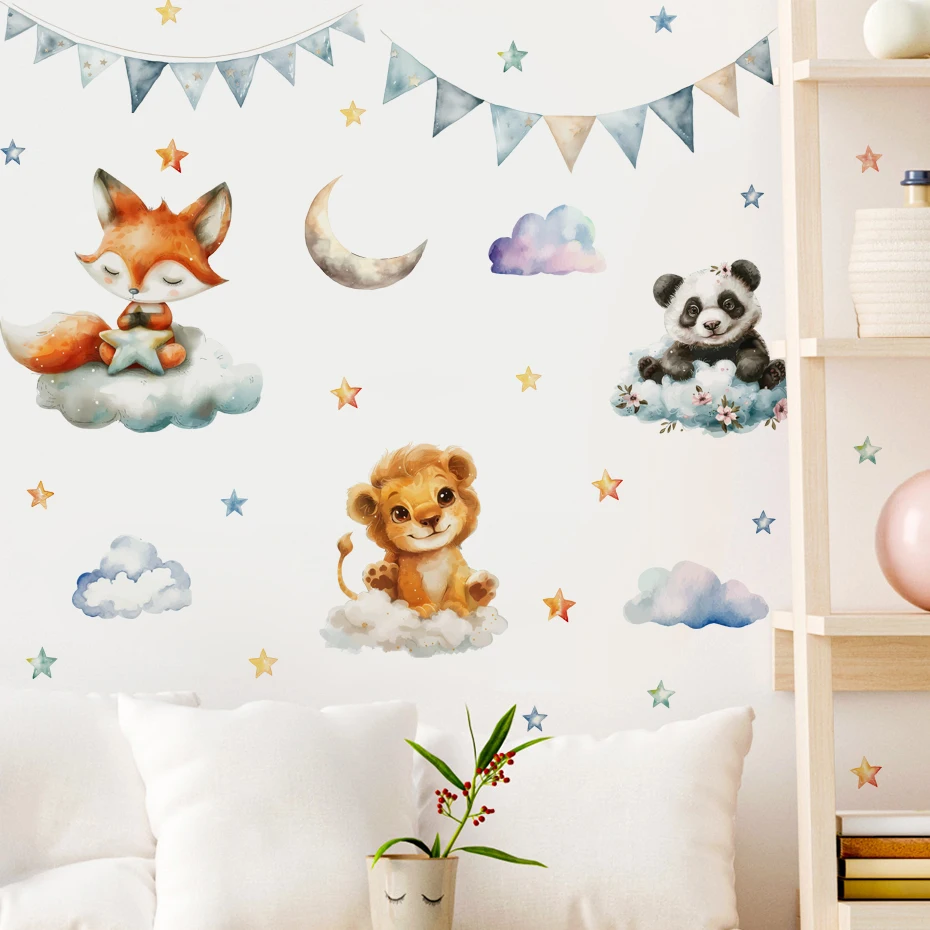 

Fox Lion on Clouds Animal Stars Wall Stickers for Kids Room on Wall Decoration Girls Room Wall Decals Bedroom Decor for House