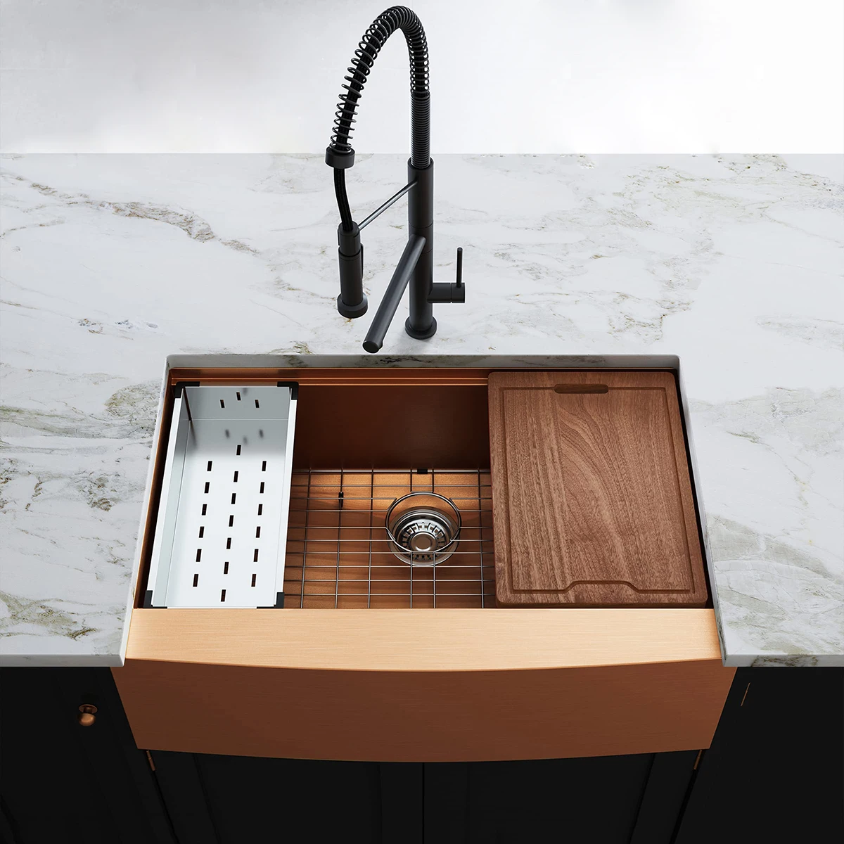 

US Popular 16G Rose Gold SUS304 Single Bowl Apron Front Kitchen Sink With Workstation Ledge
