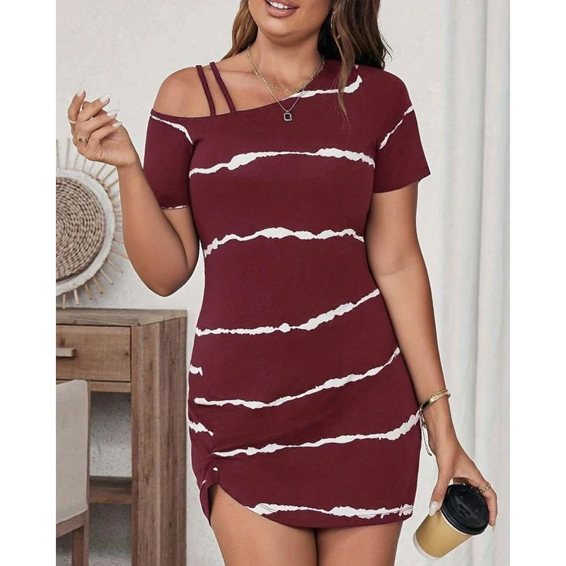 Plus Size Summer Womens T-Shirt Dresses Striped Off Shoulder Short Dress Short Sleeve Twist Mini Wedding Guest Dress Night Dress