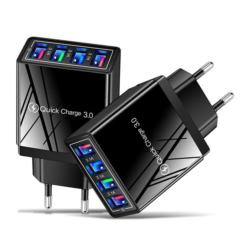 Adattatore per caricabatterie rapido da parete Quick Charge 3.0 a 4 porte Cavo per caricabatterie per sincronizzazione rapida UE USA per telefono cellulare Samsung ForXiaomi Huawei