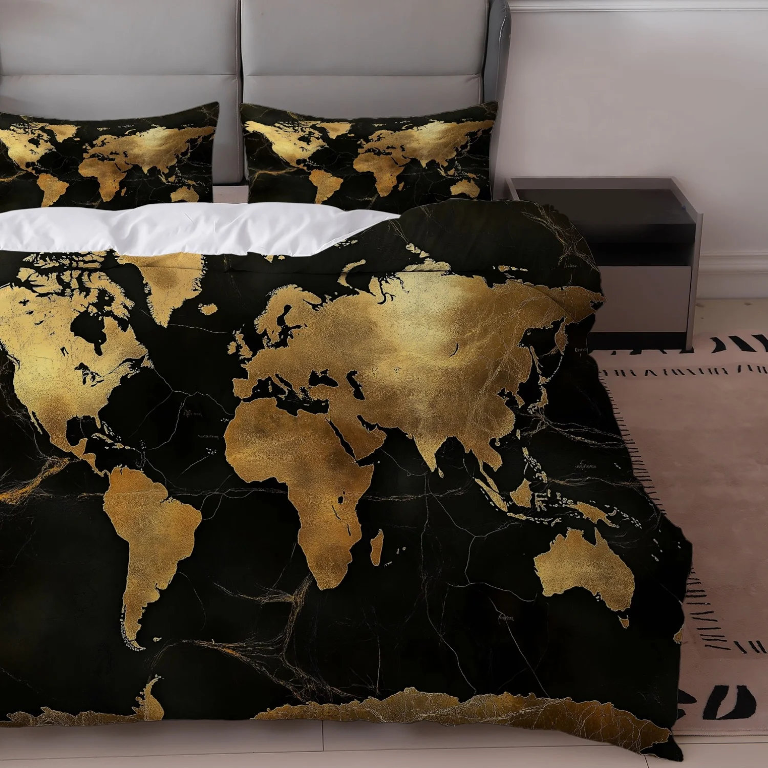 3Pcs Black Golden World Map Duvet Cover Set, Luxury Polyester Bedding with Pillowcases, Zipper Closure All Season for Modern Bed view 3